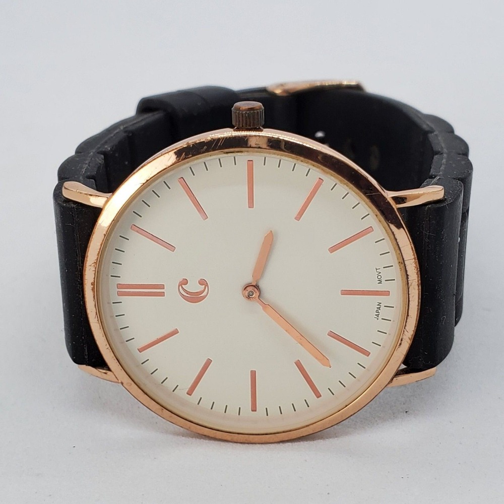 Women's Minimalist Watch 38MM Case Cream Dial‎ Black Plastic Bands New Battery